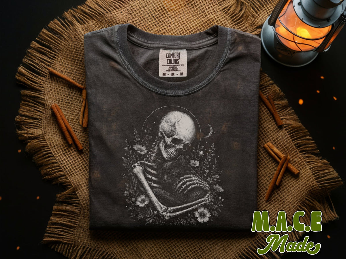 Skeleton Hugging Black Cat - Comfort Colors Halloween Tee