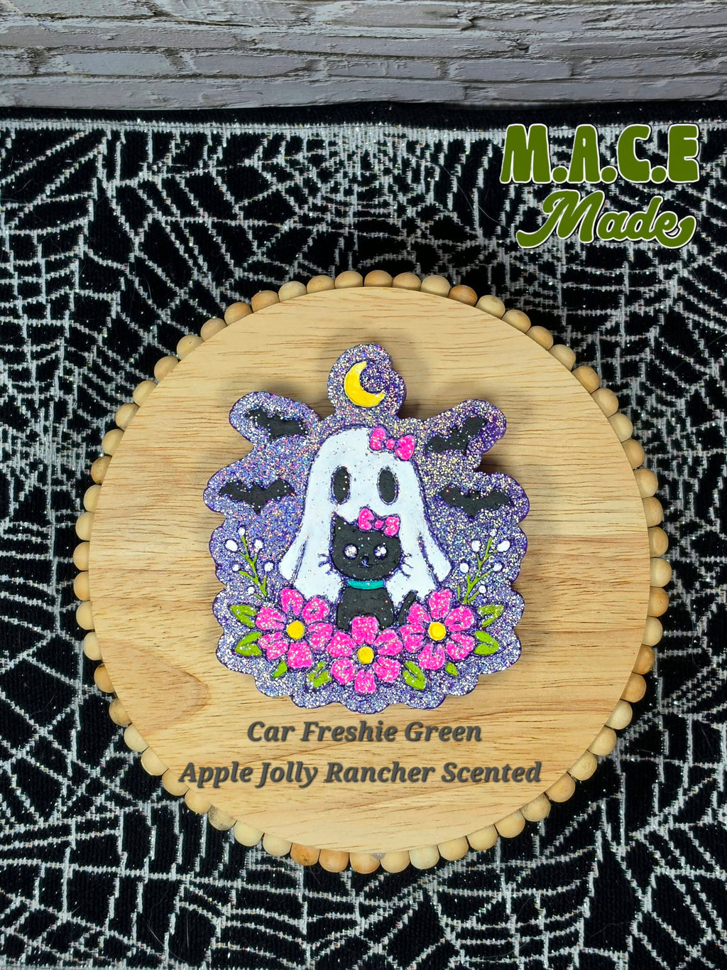 Ghost Cat Hand-Painted Car Freshie – Green Apple Jolly Rancher