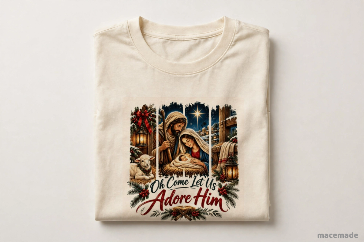 Oh Come Let Us Adore Him Nativity Christmas Tee